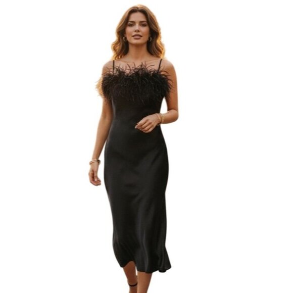 Sleeper Black Feather Trim Midi Slip Dress NWT - Size L - Picture 1 of 8